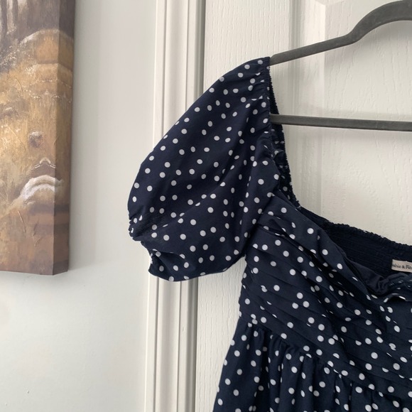 Abercrombie & Fitch Navy Polka Dot Puff Sleeve Smocked Mini Dress Women Large - Picture 6 of 12
